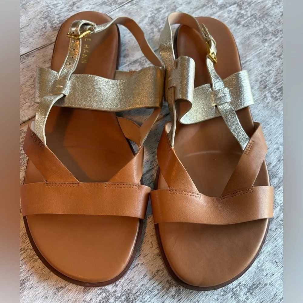 Preloved COLE HAAN Fawn Pecan Gold Leather Sandals Women's Size 10 - Picture 2 of 12